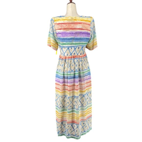 Vtg 80s 90s Two Potato Artsy A Line Midi Dress M Petite Sheer NOS Coastal Pastel - Picture 3 of 16